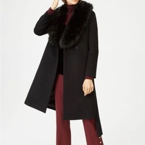 Club Monaco long wool winter coat. Black. Unattachable fur collar.